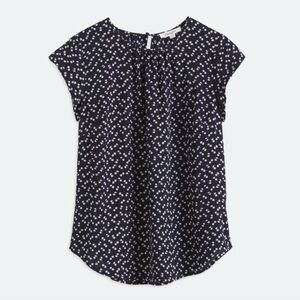 Navy and White Blouse with Mandarin Collar and Short Sleeves